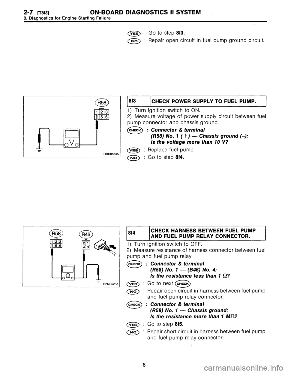 SUBARU LEGACY 1996 Service Repair Manual 2-7
trsi31
ON-BOARD
DIAGNOSTICS
II
SYSTEM
8
.
Diagnostics
for
Engine
Starting
Failure
R58
Bog
1
23
2
1
L
11
5
643
D
S2
B2M0526A
,rES
:
Go
to
step
813
.
No
:
Repair
open
circuit
in
fuel
pump
SUBARU LEGACY 1996 Service Repair Manual 2-7
trsi31
ON-BOARD
DIAGNOSTICS
II
SYSTEM
8
.
Diagnostics
for
Engine
Starting
Failure
R58
Bog
1
23
2
1
L
11
5
643
D
S2
B2M0526A
,rES
:
Go
to
step
813
.
No
:
Repair
open
circuit
in
fuel
pump