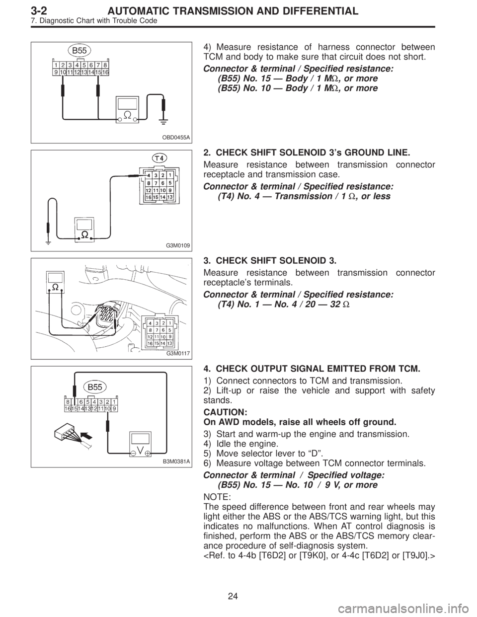 SUBARU LEGACY 1996  Service Repair Manual OBD0455A
4) Measure resistance of harness connector between
TCM and body to make sure that circuit does not short.
Connector & terminal / Specified resistance:
(B55) No. 15—Body/1MΩ, or more
(B55)