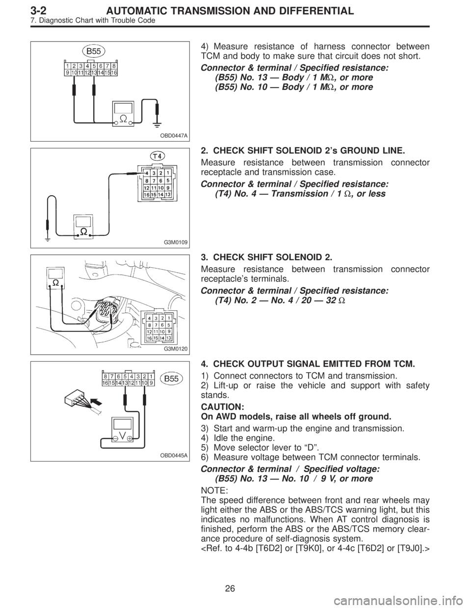 SUBARU LEGACY 1996  Service Repair Manual OBD0447A
4) Measure resistance of harness connector between
TCM and body to make sure that circuit does not short.
Connector & terminal / Specified resistance:
(B55) No. 13—Body/1MΩ, or more
(B55)
