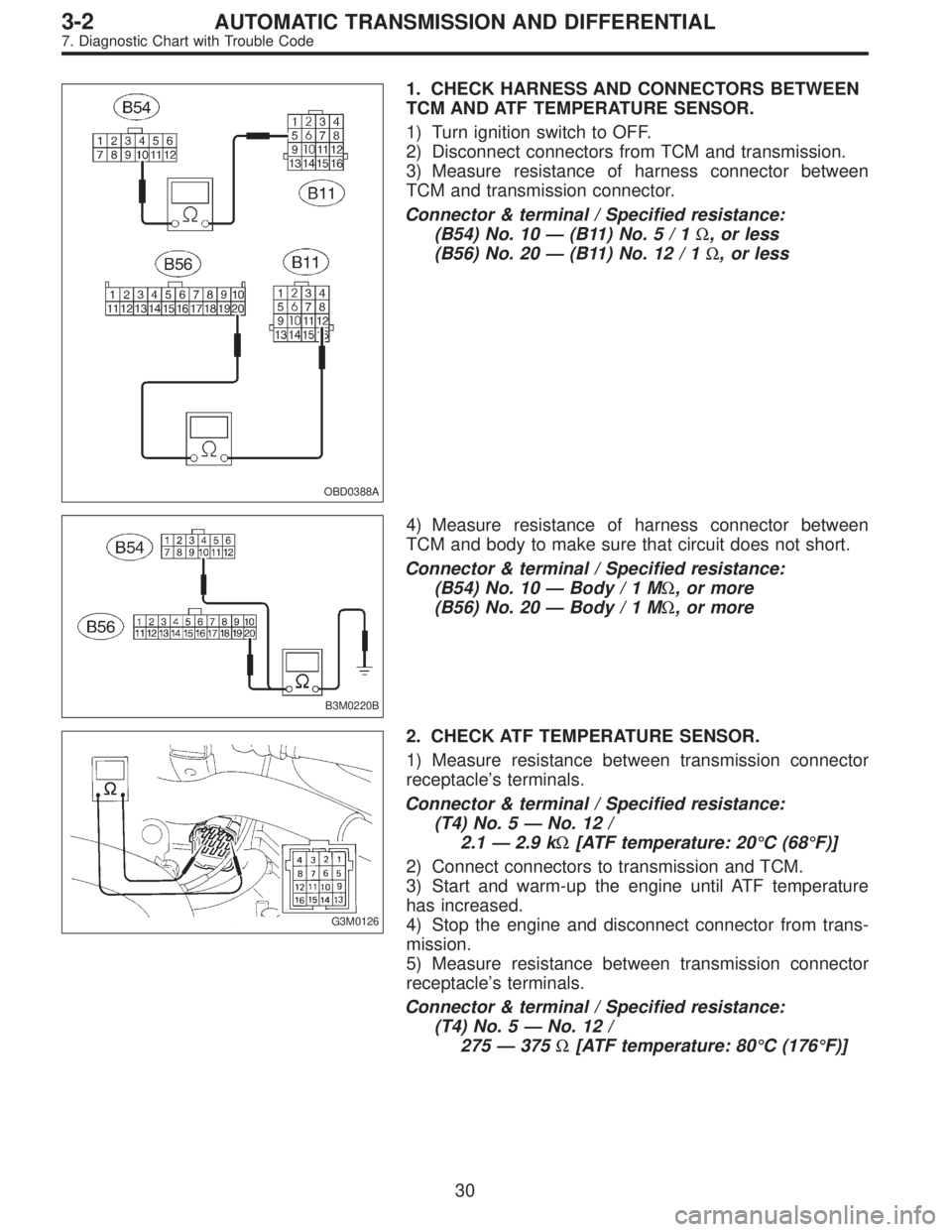 SUBARU LEGACY 1996  Service Repair Manual OBD0388A
1. CHECK HARNESS AND CONNECTORS BETWEEN
TCM AND ATF TEMPERATURE SENSOR.
1) Turn ignition switch to OFF.
2) Disconnect connectors from TCM and transmission.
3) Measure resistance of harness co