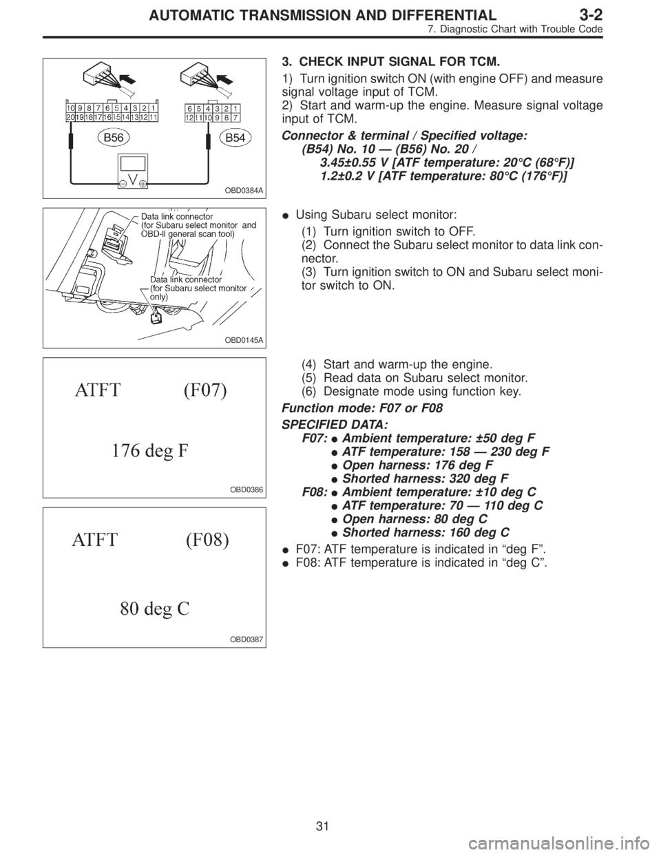 SUBARU LEGACY 1996  Service Repair Manual OBD0384A
3. CHECK INPUT SIGNAL FOR TCM.
1) Turn ignition switch ON (with engine OFF) and measure
signal voltage input of TCM.
2) Start and warm-up the engine. Measure signal voltage
input of TCM.
Conn