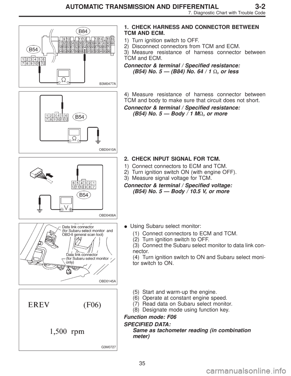 SUBARU LEGACY 1996  Service Repair Manual B3M0477A
1. CHECK HARNESS AND CONNECTOR BETWEEN
TCM AND ECM.
1) Turn ignition switch to OFF.
2) Disconnect connectors from TCM and ECM.
3) Measure resistance of harness connector between
TCM and ECM.

