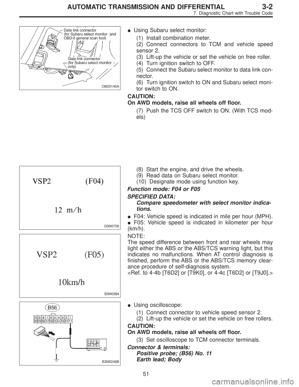SUBARU LEGACY 1996 Service Repair Manual OBD0145A
Using Subaru select monitor:
(1) Install combination meter.
(2) Connect connectors to TCM and vehicle speed
sensor 2.
(3) Lift-up the vehicle or set the vehicle on free roller.
(4) Turn igni SUBARU LEGACY 1996 Service Repair Manual OBD0145A
Using Subaru select monitor:
(1) Install combination meter.
(2) Connect connectors to TCM and vehicle speed
sensor 2.
(3) Lift-up the vehicle or set the vehicle on free roller.
(4) Turn igni