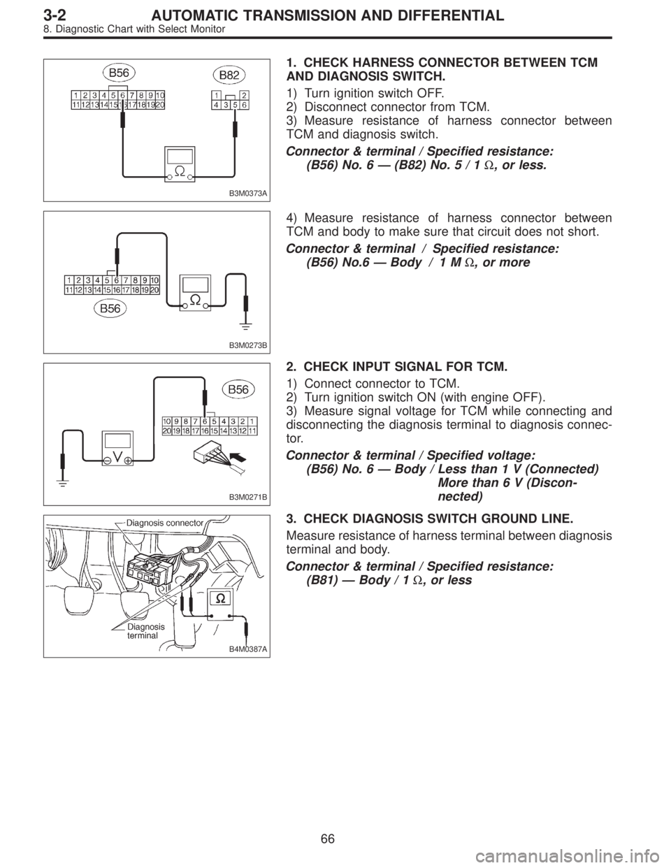 SUBARU LEGACY 1996  Service Repair Manual B3M0373A
1. CHECK HARNESS CONNECTOR BETWEEN TCM
AND DIAGNOSIS SWITCH.
1) Turn ignition switch OFF.
2) Disconnect connector from TCM.
3) Measure resistance of harness connector between
TCM and diagnosi