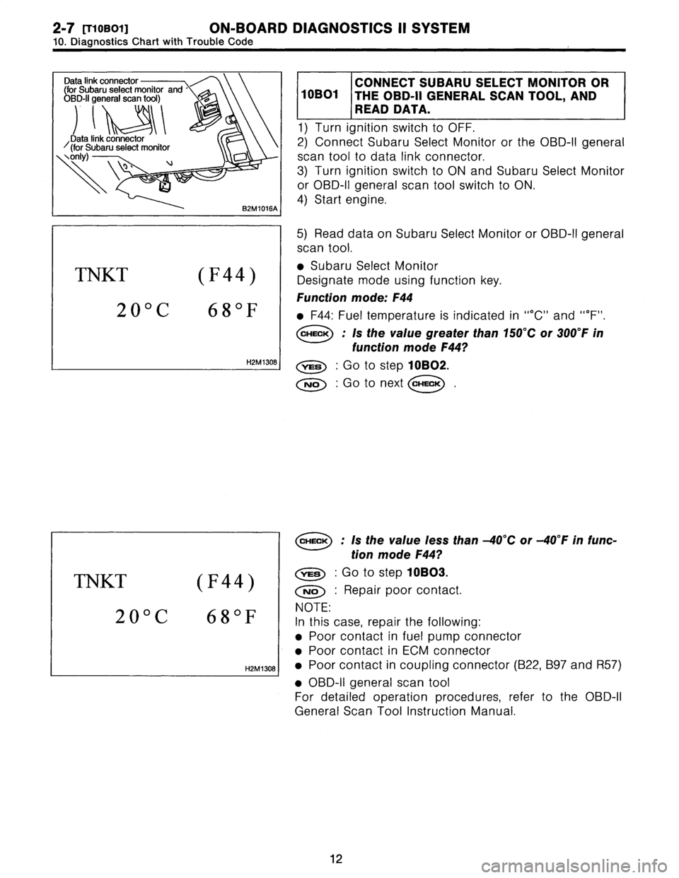 SUBARU LEGACY 1996  Service Repair Manual 2-7
[T10B01]
ON-BOARD
DIAGNOSTICS
II
SYSTEM

10
.
Diagnostics
Chart
with
Trouble
Code

Data
link
connector
-
Subaru
select
monitor
and
BrD-11
general
scan
tool)

Data
link
connector
~(for
Subaru
selec