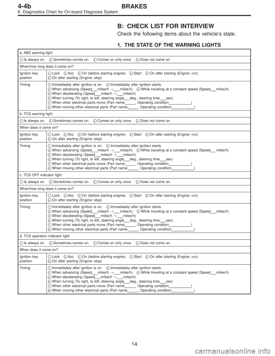 SUBARU LEGACY 1996  Service Repair Manual B: CHECK LIST FOR INTERVIEW
Check the following items about the vehicle’s state.
1. THE STATE OF THE WARNING LIGHTS
a. ABS warning light

1Is always on.2Sometimes comes on.3Comes on only once.4D