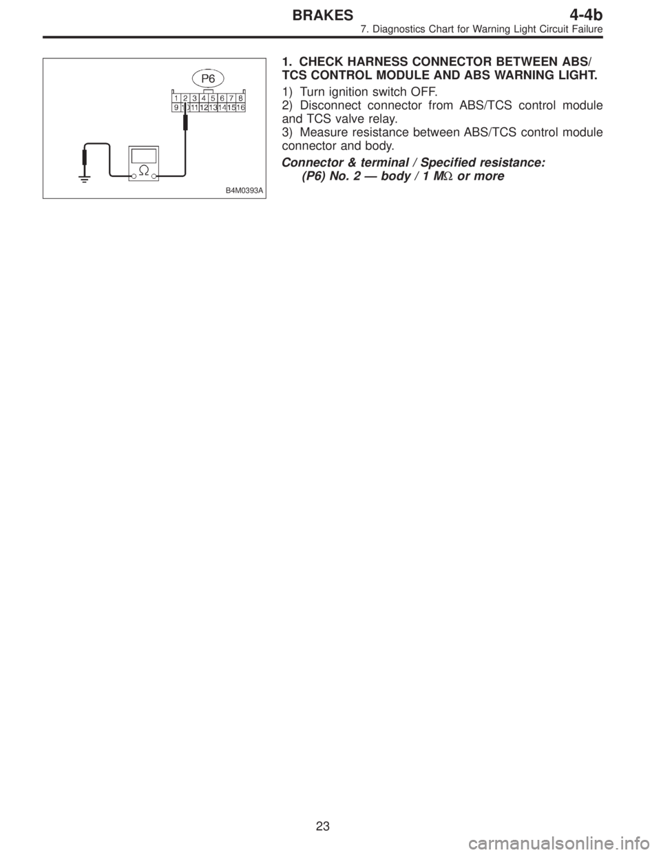 SUBARU LEGACY 1996  Service Repair Manual B4M0393A
1. CHECK HARNESS CONNECTOR BETWEEN ABS/
TCS CONTROL MODULE AND ABS WARNING LIGHT.
1) Turn ignition switch OFF.
2) Disconnect connector from ABS/TCS control module
and TCS valve relay.
3) Meas