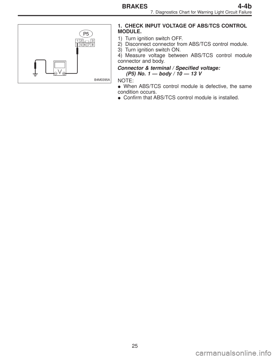 SUBARU LEGACY 1996  Service Repair Manual B4M0395A
1. CHECK INPUT VOLTAGE OF ABS/TCS CONTROL
MODULE.
1) Turn ignition switch OFF.
2) Disconnect connector from ABS/TCS control module.
3) Turn ignition switch ON.
4) Measure voltage between ABS/