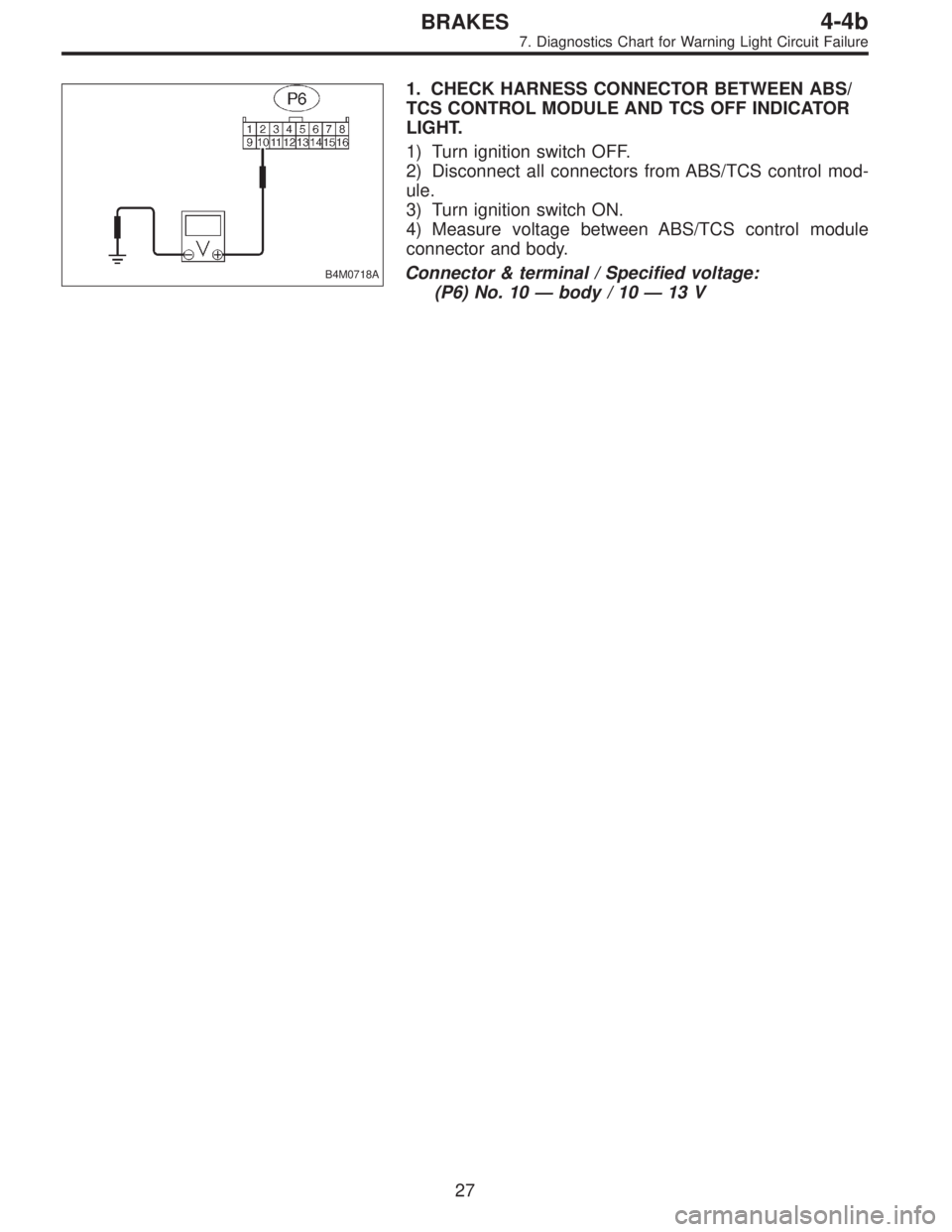 SUBARU LEGACY 1996  Service Repair Manual B4M0718A
1. CHECK HARNESS CONNECTOR BETWEEN ABS/
TCS CONTROL MODULE AND TCS OFF INDICATOR
LIGHT.
1) Turn ignition switch OFF.
2) Disconnect all connectors from ABS/TCS control mod-
ule.
3) Turn igniti