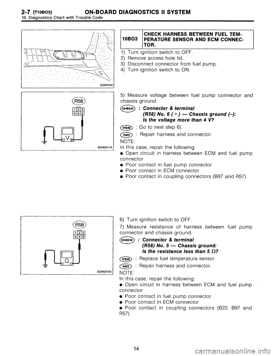 SUBARU LEGACY 1996 Service Repair Manual
2-7
RyoBOa1
ON-BOARD
DIAGNOSTICS
i1
SYSTEM
10
.
Diagnostics
Chart
with
Trouble
Code
R58
D
~,V
P
B2M0917A
I
R58
B2M0918A
I
CHECK
HARNESSBETWEEN
FUELTEM-
10B03
PERATURE
SENSOR
AND
ECM
CONNEC-
SUBARU LEGACY 1996 Service Repair Manual
2-7
RyoBOa1
ON-BOARD
DIAGNOSTICS
i1
SYSTEM
10
.
Diagnostics
Chart
with
Trouble
Code
R58
D
~,V
P
B2M0917A
I
R58
B2M0918A
I
CHECK
HARNESSBETWEEN
FUELTEM-
10B03
PERATURE
SENSOR
AND
ECM
CONNEC-