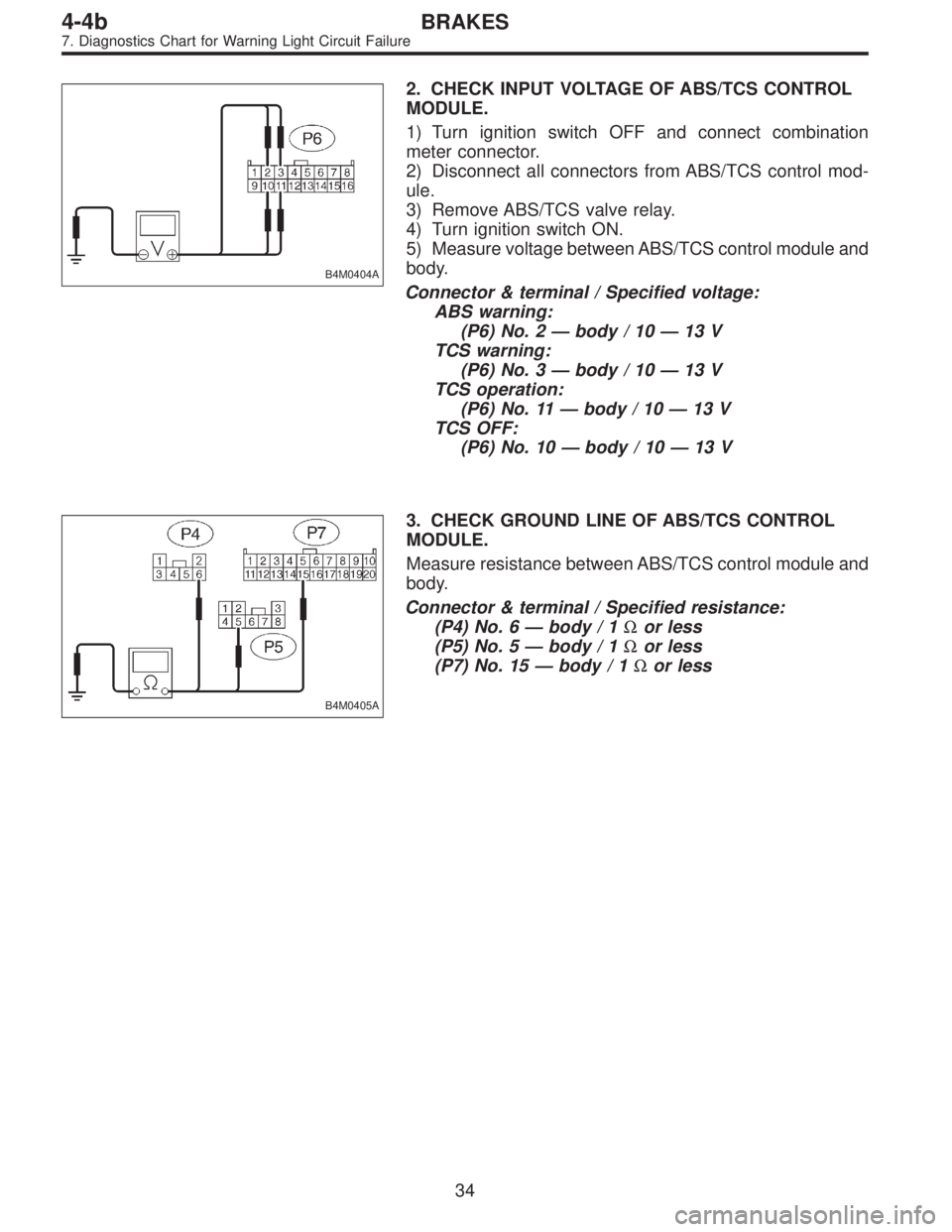 SUBARU LEGACY 1996  Service Repair Manual B4M0404A
2. CHECK INPUT VOLTAGE OF ABS/TCS CONTROL
MODULE.
1) Turn ignition switch OFF and connect combination
meter connector.
2) Disconnect all connectors from ABS/TCS control mod-
ule.
3) Remove AB