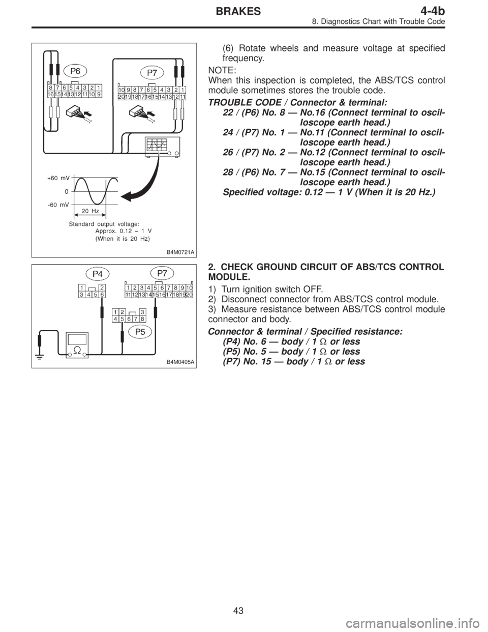SUBARU LEGACY 1996  Service Repair Manual B4M0721A
(6) Rotate wheels and measure voltage at specified
frequency.
NOTE:
When this inspection is completed, the ABS/TCS control
module sometimes stores the trouble code.
TROUBLE CODE / Connector &