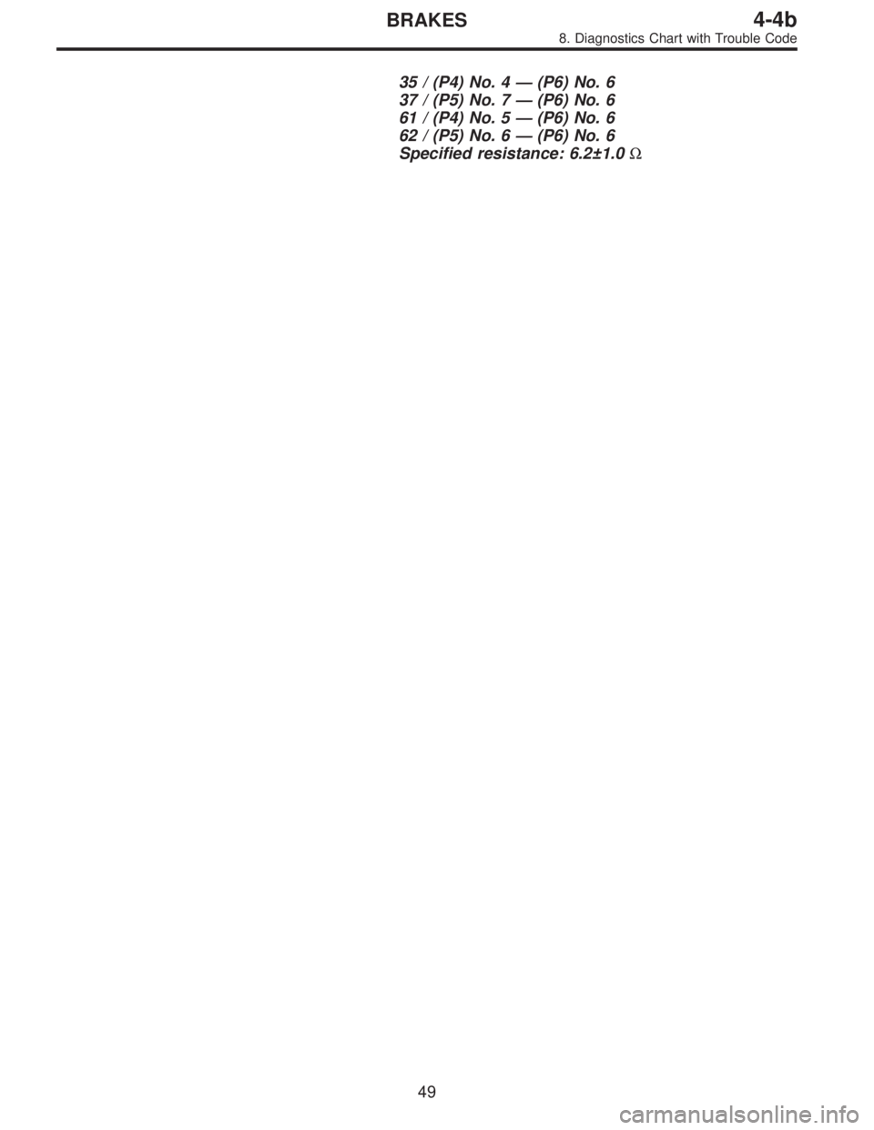 SUBARU LEGACY 1996  Service Repair Manual 35 / (P4) No. 4—(P6) No. 6
37 / (P5) No. 7—(P6) No. 6
61 / (P4) No. 5—(P6) No. 6
62 / (P5) No. 6—(P6) No. 6
Specified resistance: 6.2±1.0Ω
49
4-4bBRAKES
8. Diagnostics Chart with Trouble Co