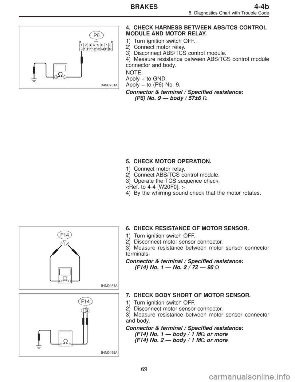 SUBARU LEGACY 1996  Service Repair Manual B4M0731A
4. CHECK HARNESS BETWEEN ABS/TCS CONTROL
MODULE AND MOTOR RELAY.
1) Turn ignition switch OFF.
2) Connect motor relay.
3) Disconnect ABS/TCS control module.
4) Measure resistance between ABS/T