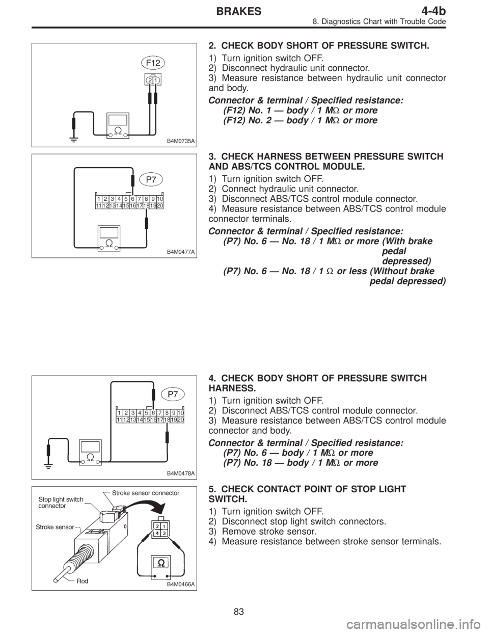 SUBARU LEGACY 1996 Service Repair Manual B4M0735A
2. CHECK BODY SHORT OF PRESSURE SWITCH.
1) Turn ignition switch OFF.
2) Disconnect hydraulic unit connector.
3) Measure resistance between hydraulic unit connector
and body.
Connector & termi SUBARU LEGACY 1996 Service Repair Manual B4M0735A
2. CHECK BODY SHORT OF PRESSURE SWITCH.
1) Turn ignition switch OFF.
2) Disconnect hydraulic unit connector.
3) Measure resistance between hydraulic unit connector
and body.
Connector & termi
