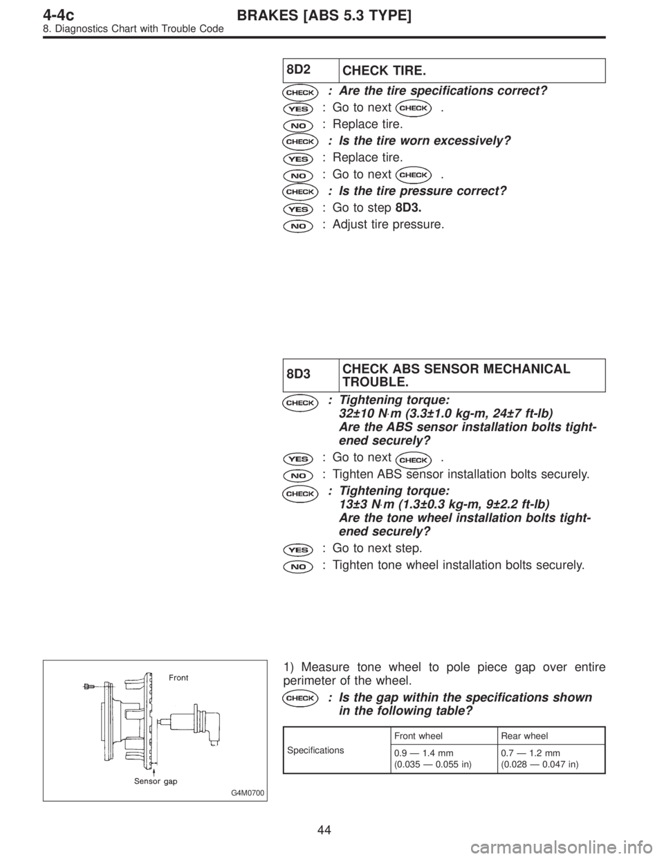 SUBARU LEGACY 1996  Service Repair Manual 8D2
CHECK TIRE.
: Are the tire specifications correct?
: Go to next.
: Replace tire.
: Is the tire worn excessively?
: Replace tire.
: Go to next.
: Is the tire pressure correct?
: Go to step8D3.
: Ad
