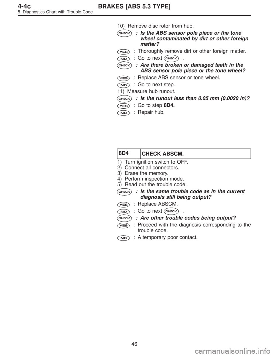 SUBARU LEGACY 1996  Service Repair Manual 10) Remove disc rotor from hub.
: Is the ABS sensor pole piece or the tone
wheel contaminated by dirt or other foreign
matter?
: Thoroughly remove dirt or other foreign matter.
: Go to next.
: Are the