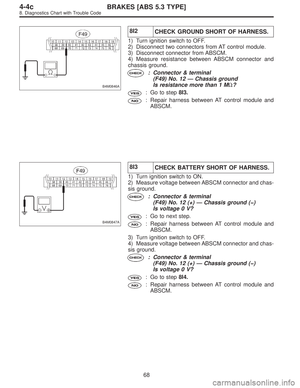 SUBARU LEGACY 1996  Service Repair Manual B4M0846A
8I2
CHECK GROUND SHORT OF HARNESS.
1) Turn ignition switch to OFF.
2) Disconnect two connectors from AT control module.
3) Disconnect connector from ABSCM.
4) Measure resistance between ABSCM