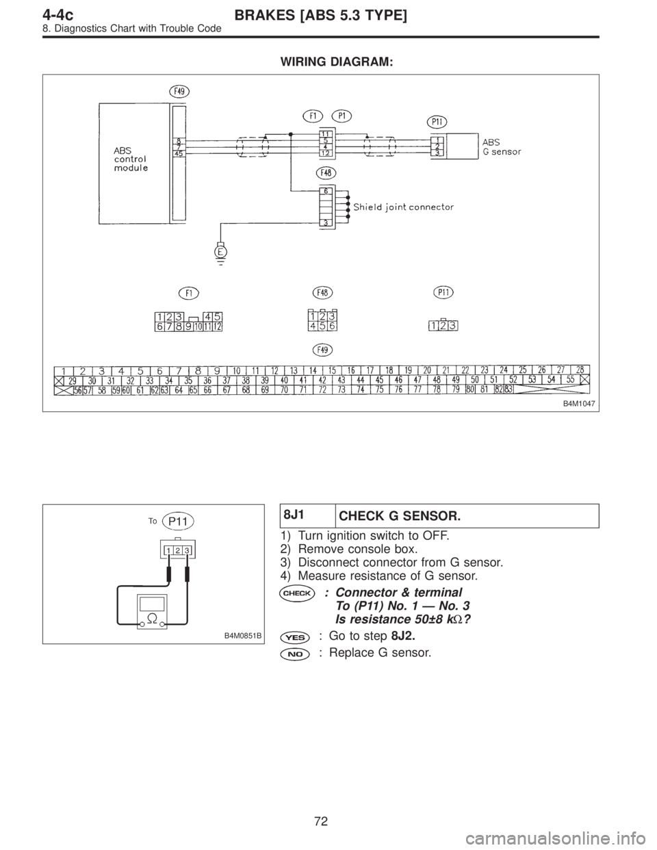 SUBARU LEGACY 1996  Service Repair Manual WIRING DIAGRAM:
B4M1047
B4M0851B
8J1
CHECK G SENSOR.
1) Turn ignition switch to OFF.
2) Remove console box.
3) Disconnect connector from G sensor.
4) Measure resistance of G sensor.
: Connector & term