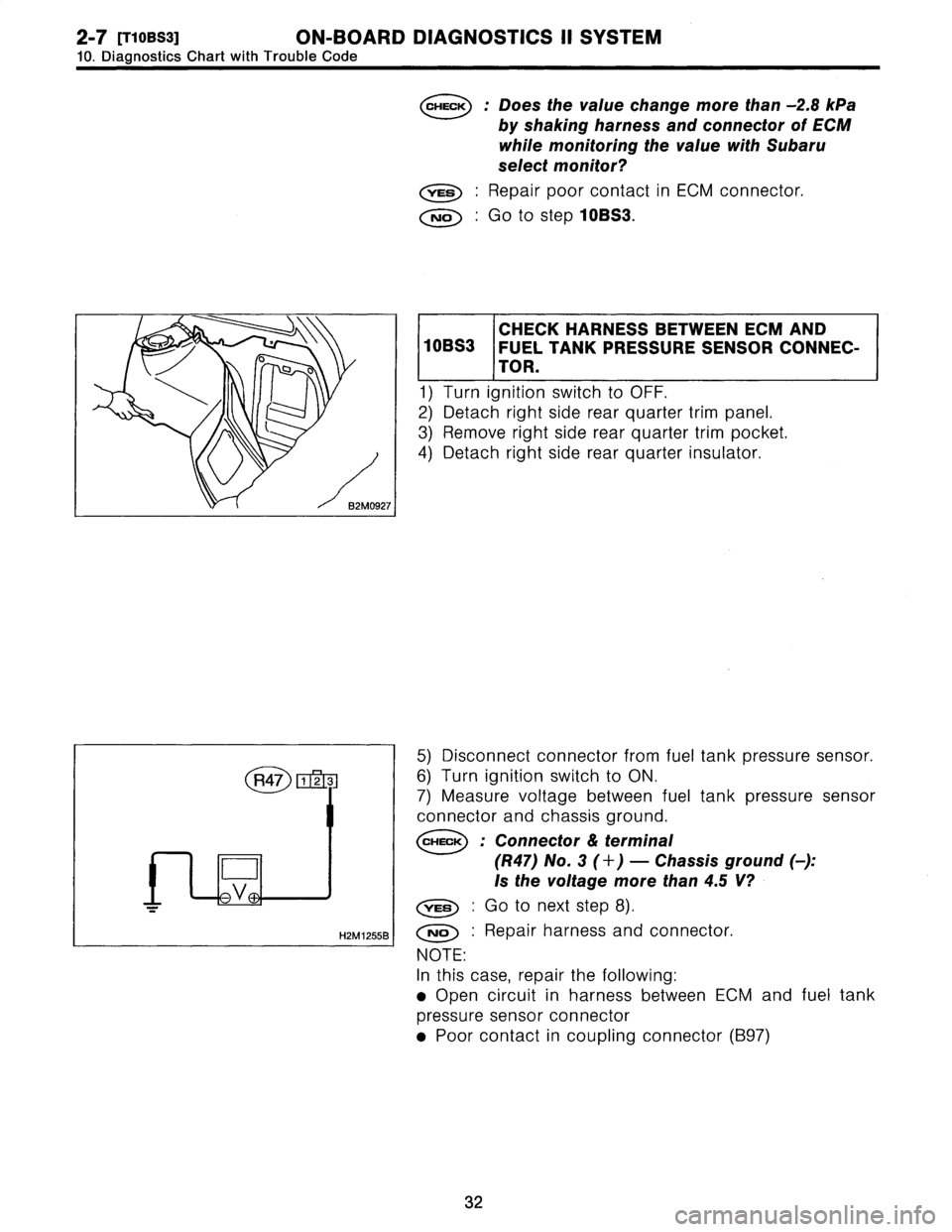 SUBARU LEGACY 1996  Service Repair Manual 2-7
[T1oBS3]
ON-BOARD
DIAGNOSTICS
II
SYSTEM

10
.
Diagnostics
Chart
with
Trouble
Code

CHECK
:
Does
the
value
change
more
than
-2
.8
kPa

by
shaking
harness
and
connector
of
ECM

while
monitoring
the
