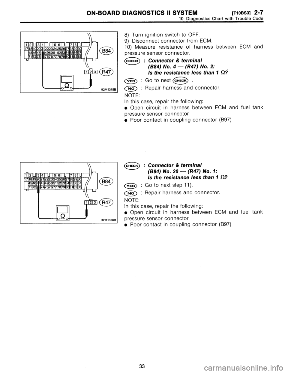 SUBARU LEGACY 1996  Service Repair Manual 
ON-BOARD
DIAGNOSTICS
II
SYSTEM
[TIoBSa]
2-7
10
.
Diagnostics
Chart
with
Trouble
Code

8)
Turn
ignition
switch
to
OFF
.

9)
Disconnect
connector
from
ECM
.

10)
Measure
resistance
of
harness
between
E