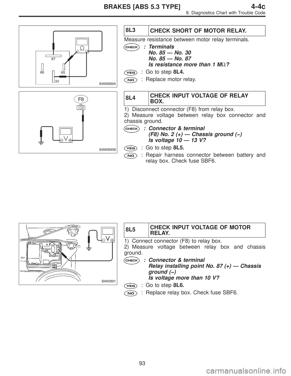 SUBARU LEGACY 1996  Service Repair Manual B4M0889A
8L3
CHECK SHORT OF MOTOR RELAY.
Measure resistance between motor relay terminals.
: Terminals
No. 85—No. 30
No. 85—No. 87
Is resistance more than 1 MΩ?
: Go to step8L4.
: Replace motor 