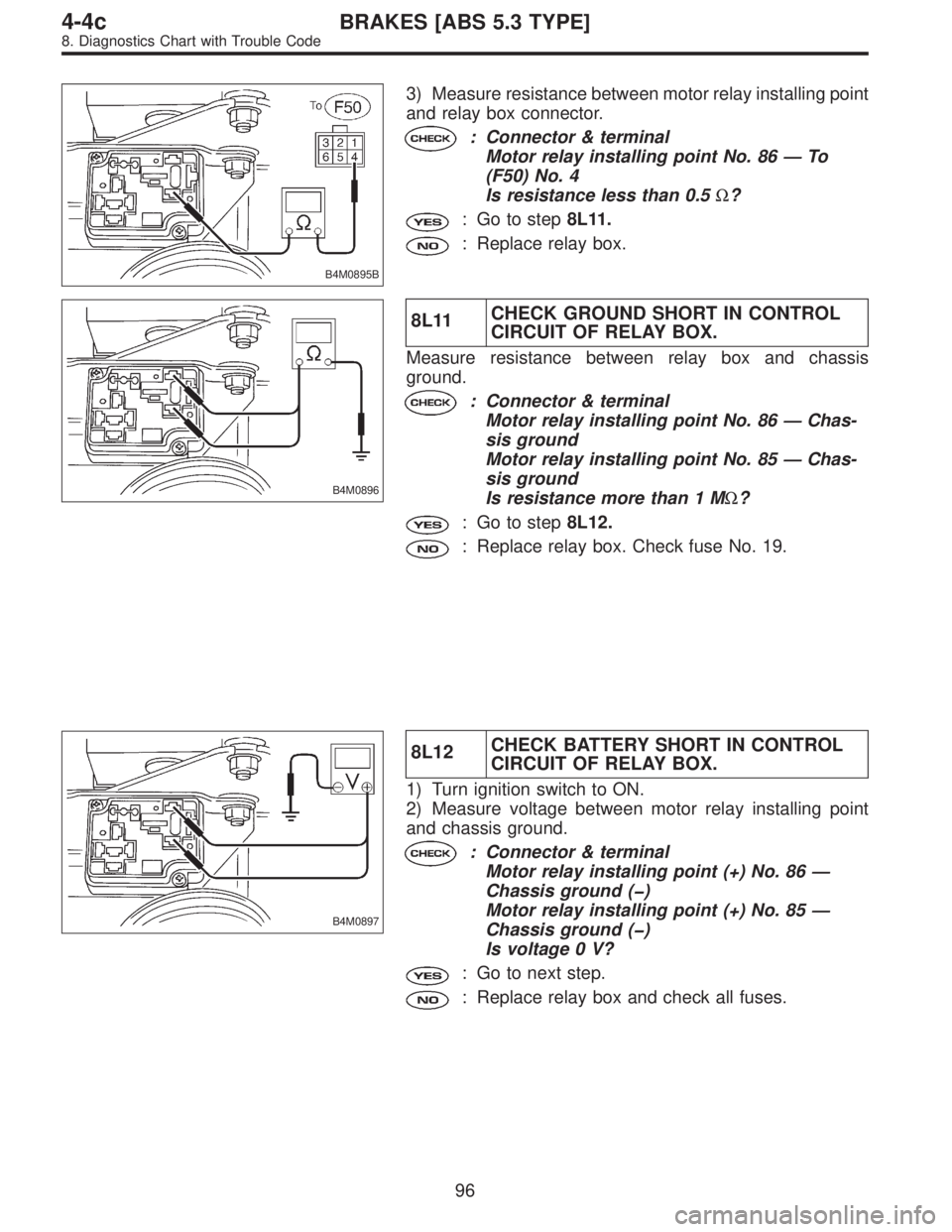 SUBARU LEGACY 1996  Service Repair Manual B4M0895B
3) Measure resistance between motor relay installing point
and relay box connector.
: Connector & terminal
Motor relay installing point No. 86—To
(F50) No. 4
Is resistance less than 0.5Ω?