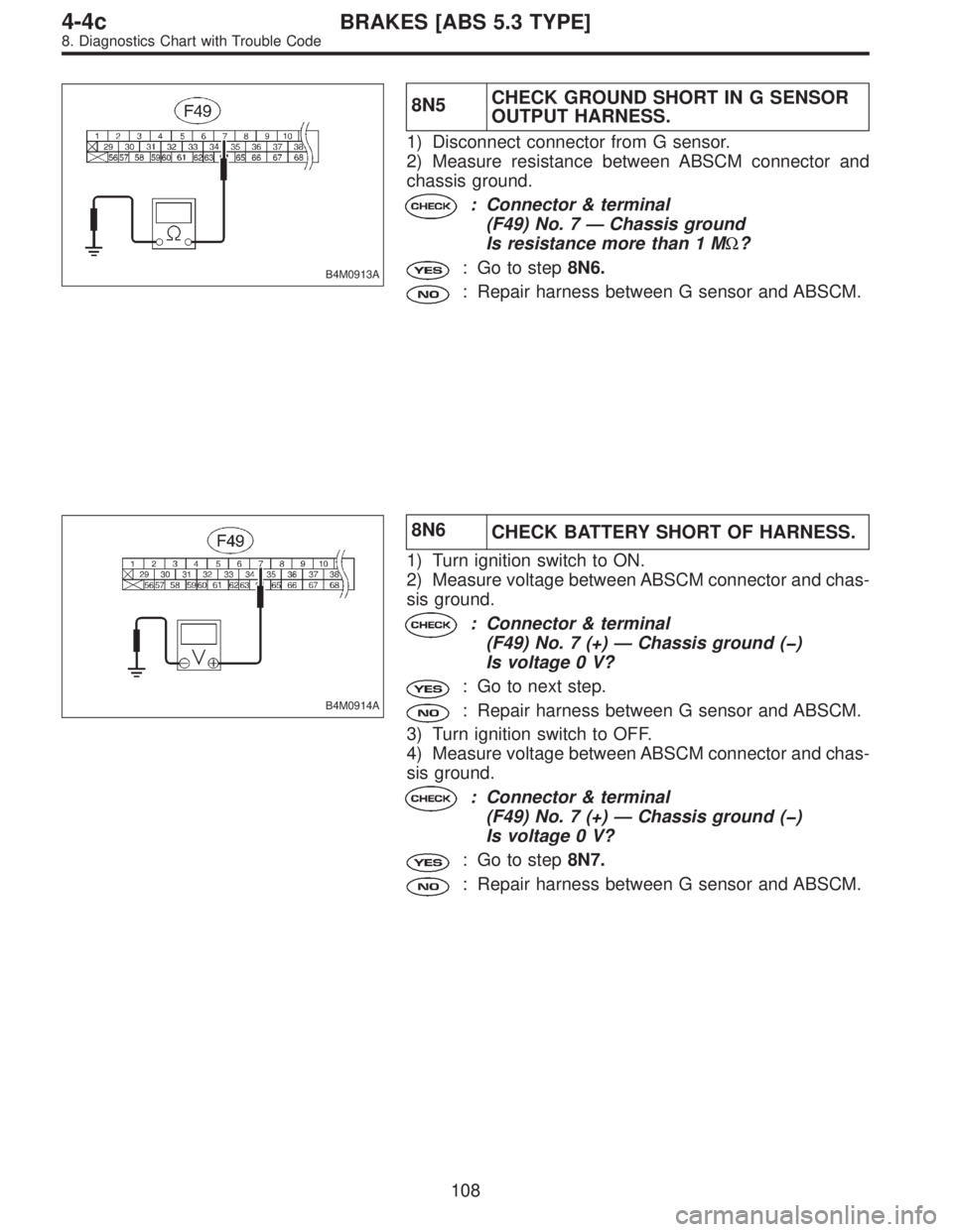 SUBARU LEGACY 1996  Service Repair Manual B4M0913A
8N5CHECK GROUND SHORT IN G SENSOR
OUTPUT HARNESS.
1) Disconnect connector from G sensor.
2) Measure resistance between ABSCM connector and
chassis ground.
: Connector & terminal
(F49) No. 7