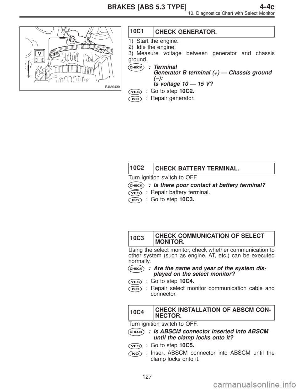SUBARU LEGACY 1996  Service Repair Manual B4M0430
10C1
CHECK GENERATOR.
1) Start the engine.
2) Idle the engine.
3) Measure voltage between generator and chassis
ground.
: Terminal
Generator B terminal (+)—Chassis ground
(�):
Is voltage 10