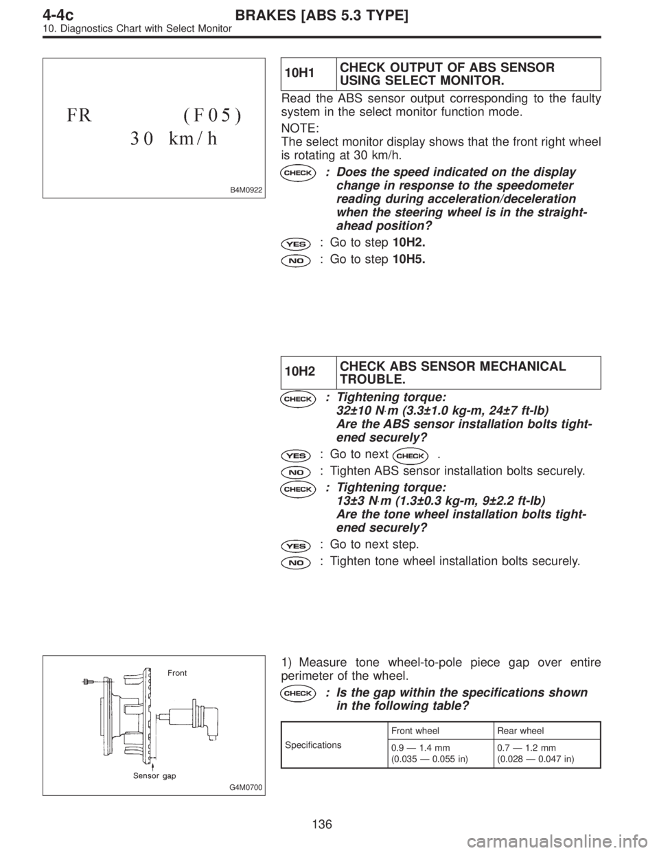 SUBARU LEGACY 1996  Service Repair Manual B4M0922
10H1CHECK OUTPUT OF ABS SENSOR
USING SELECT MONITOR.
Read the ABS sensor output corresponding to the faulty
system in the select monitor function mode.
NOTE:
The select monitor display shows t