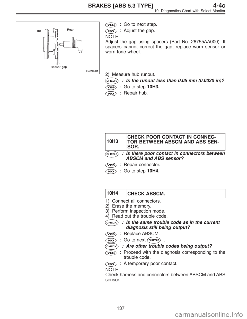 SUBARU LEGACY 1996  Service Repair Manual G4M0701
: Go to next step.
: Adjust the gap.
NOTE:
Adjust the gap using spacers (Part No. 26755AA000). If
spacers cannot correct the gap, replace worn sensor or
worn tone wheel.
2) Measure hub runout.