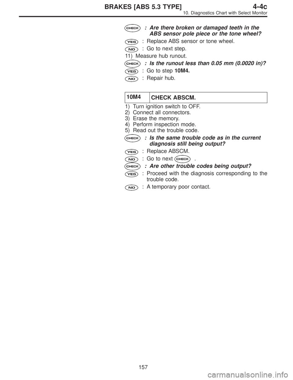 SUBARU LEGACY 1996  Service Repair Manual : Are there broken or damaged teeth in the
ABS sensor pole piece or the tone wheel?
: Replace ABS sensor or tone wheel.
: Go to next step.
11) Measure hub runout.
: Is the runout less than 0.05 mm (0.