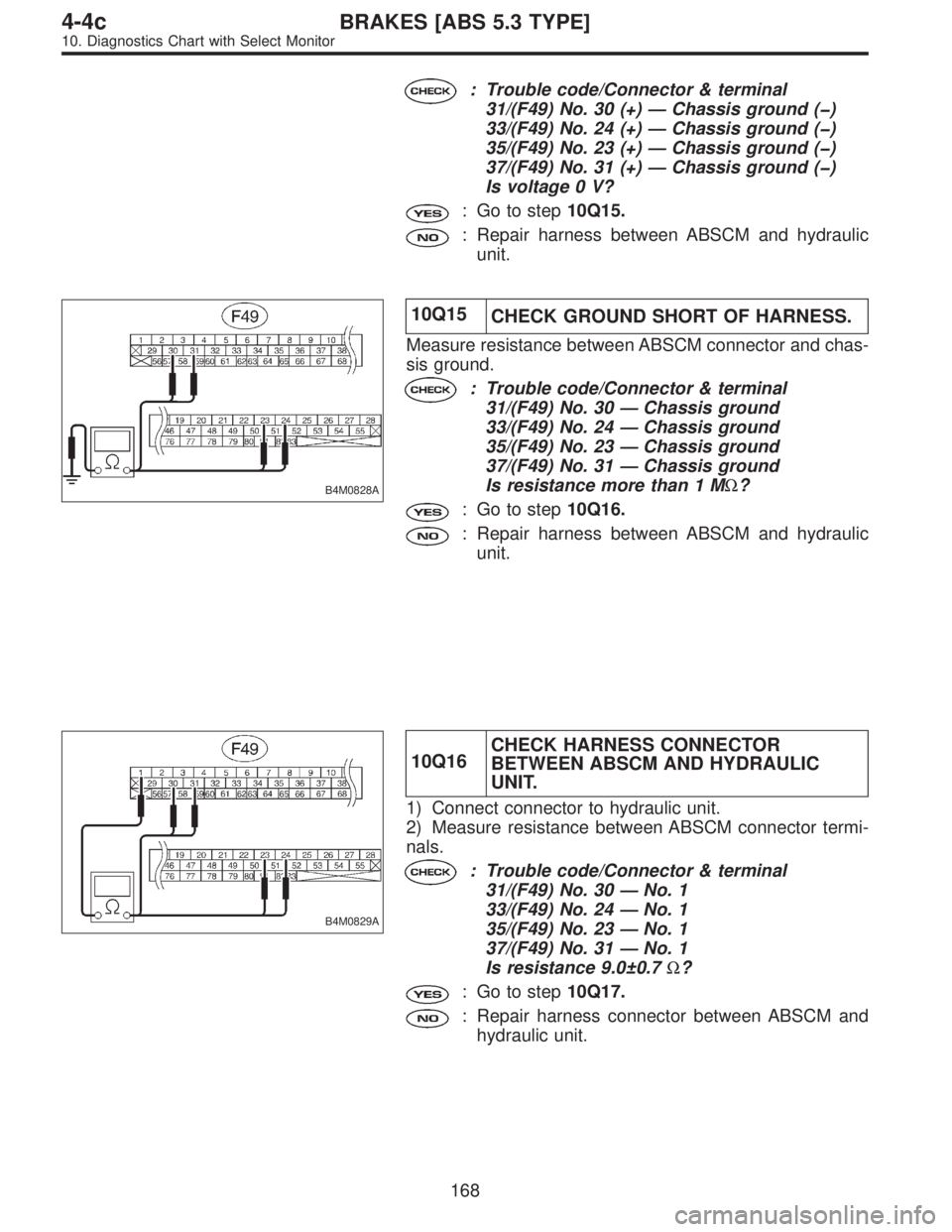 SUBARU LEGACY 1996  Service Repair Manual : Trouble code/Connector & terminal
31/(F49) No. 30 (+)—Chassis ground (�)
33/(F49) No. 24 (+)—Chassis ground (�)
35/(F49) No. 23 (+)—Chassis ground (�)
37/(F49) No. 31 (+)—Chassis ground (�)
