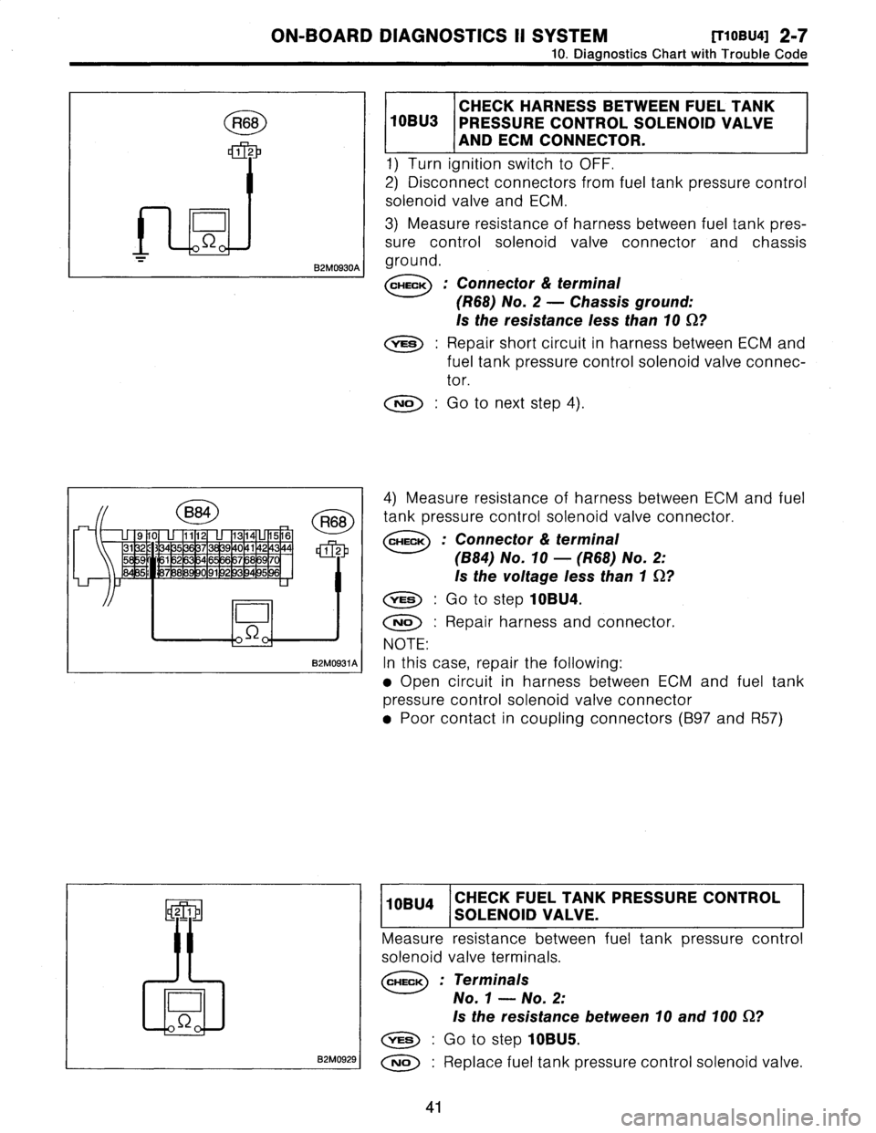 SUBARU LEGACY 1996  Service Repair Manual 
ON-BOARD
DIAGNOSTICS
II
SYSTEM
[T10BU4]
2-7
10
.
Diagnostics
Chart
with
Trouble
Code

R68

D

82M0930A
I

2
1

D

S2

B2M0929
I

CHECK
HARNESSBETWEEN
FUEL
TANK

10BU3
PRESSURE
CONTROL
SOLENOID
VALVE

