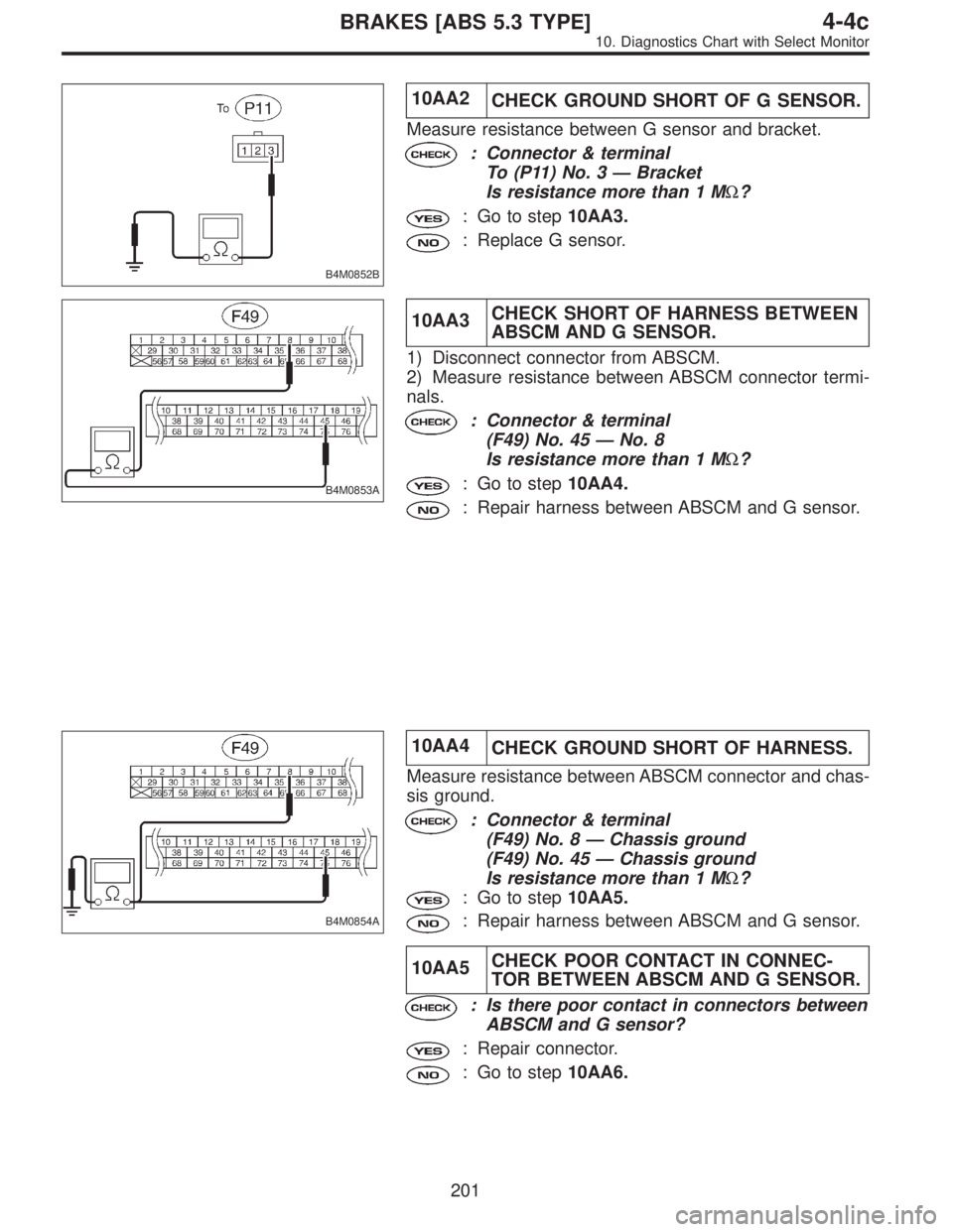 SUBARU LEGACY 1996 Service Repair Manual B4M0852B
10AA2
CHECK GROUND SHORT OF G SENSOR.
Measure resistance between G sensor and bracket.
: Connector & terminal
To (P11) No. 3—Bracket
Is resistance more than 1 MΩ?
: Go to step10AA3.
: Rep SUBARU LEGACY 1996 Service Repair Manual B4M0852B
10AA2
CHECK GROUND SHORT OF G SENSOR.
Measure resistance between G sensor and bracket.
: Connector & terminal
To (P11) No. 3—Bracket
Is resistance more than 1 MΩ?
: Go to step10AA3.
: Rep