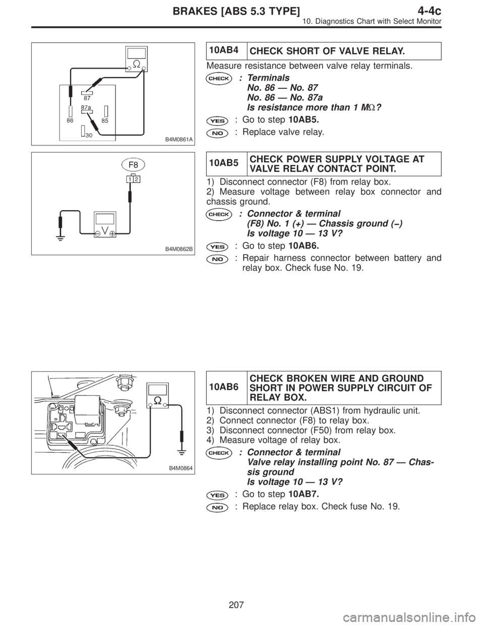 SUBARU LEGACY 1996 Service Repair Manual B4M0861A
10AB4
CHECK SHORT OF VALVE RELAY.
Measure resistance between valve relay terminals.
: Terminals
No. 86—No. 87
No. 86—No. 87a
Is resistance more than 1 MΩ?
: Go to step10AB5.
: Replace v SUBARU LEGACY 1996 Service Repair Manual B4M0861A
10AB4
CHECK SHORT OF VALVE RELAY.
Measure resistance between valve relay terminals.
: Terminals
No. 86—No. 87
No. 86—No. 87a
Is resistance more than 1 MΩ?
: Go to step10AB5.
: Replace v