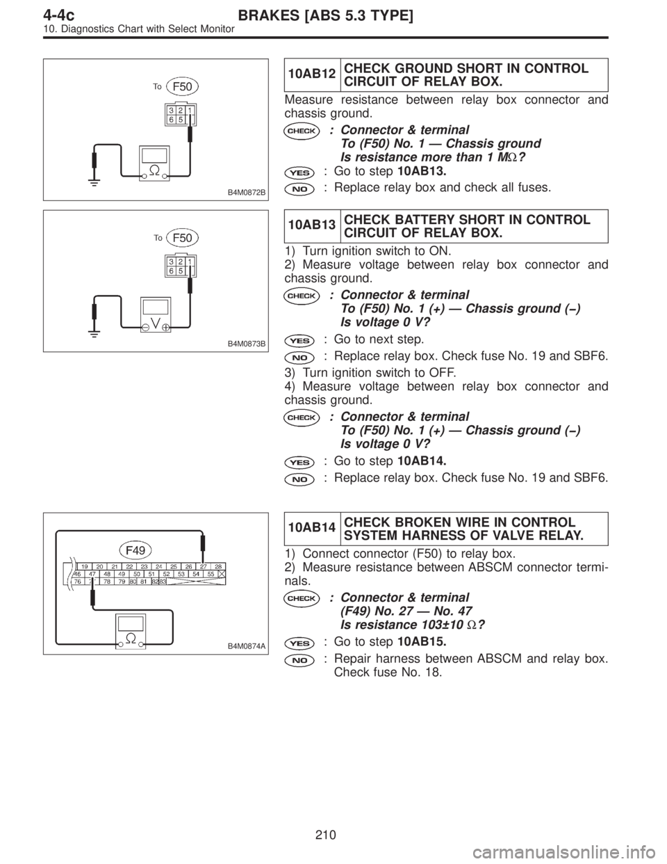 SUBARU LEGACY 1996 Service Repair Manual B4M0872B
10AB12CHECK GROUND SHORT IN CONTROL
CIRCUIT OF RELAY BOX.
Measure resistance between relay box connector and
chassis ground.
: Connector & terminal
To (F50) No. 1—Chassis ground
Is resistan SUBARU LEGACY 1996 Service Repair Manual B4M0872B
10AB12CHECK GROUND SHORT IN CONTROL
CIRCUIT OF RELAY BOX.
Measure resistance between relay box connector and
chassis ground.
: Connector & terminal
To (F50) No. 1—Chassis ground
Is resistan