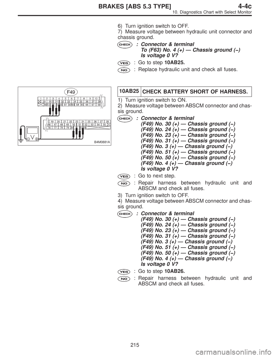 SUBARU LEGACY 1996  Service Repair Manual 6) Turn ignition switch to OFF.
7) Measure voltage between hydraulic unit connector and
chassis ground.
: Connector & terminal
To (F63) No. 4 (+)—Chassis ground (�)
Is voltage 0 V?
: Go to step10AB2