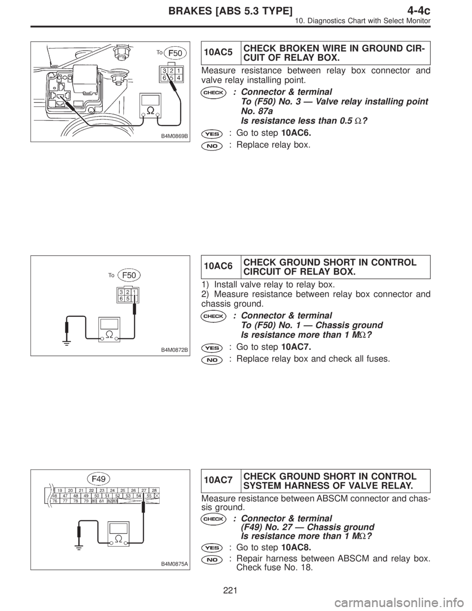 SUBARU LEGACY 1996  Service Repair Manual B4M0869B
10AC5CHECK BROKEN WIRE IN GROUND CIR-
CUIT OF RELAY BOX.
Measure resistance between relay box connector and
valve relay installing point.
: Connector & terminal
To (F50) No. 3—Valve relay i