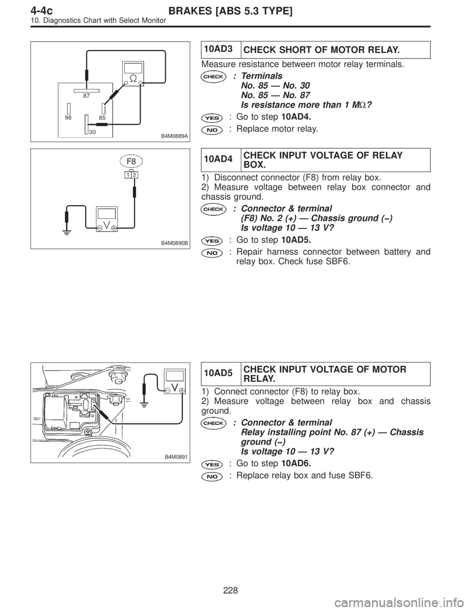 SUBARU LEGACY 1996  Service Repair Manual B4M0889A
10AD3
CHECK SHORT OF MOTOR RELAY.
Measure resistance between motor relay terminals.
: Terminals
No. 85—No. 30
No. 85—No. 87
Is resistance more than 1 MΩ?
: Go to step10AD4.
: Replace mo