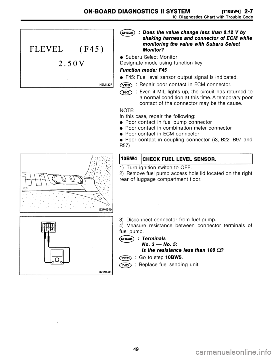 SUBARU LEGACY 1996  Service Repair Manual 
ON-BOARD
DIAGNOSTICS
II
SYSTEM
[r1oBwa]
2-7

10
.
Diagnostics
Chart
with
Trouble
Code

FLEVEL
(F45)

2
.50V

H2M1327

3
2
1
5
4

D

S2

B2M0935
I

CHECK
:
Does
the
value
change
less
than
0
.12
Vby

s