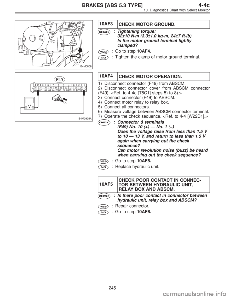 SUBARU LEGACY 1996 Service Repair Manual B4M0808
10AF3
CHECK MOTOR GROUND.
: Tightening torque:
32±10 N⋅m (3.3±1.0 kg-m, 24±7 ft-lb)
Is the motor ground terminal tightly
clamped?
: Go to step10AF4.
: Tighten the clamp of motor ground te SUBARU LEGACY 1996 Service Repair Manual B4M0808
10AF3
CHECK MOTOR GROUND.
: Tightening torque:
32±10 N⋅m (3.3±1.0 kg-m, 24±7 ft-lb)
Is the motor ground terminal tightly
clamped?
: Go to step10AF4.
: Tighten the clamp of motor ground te