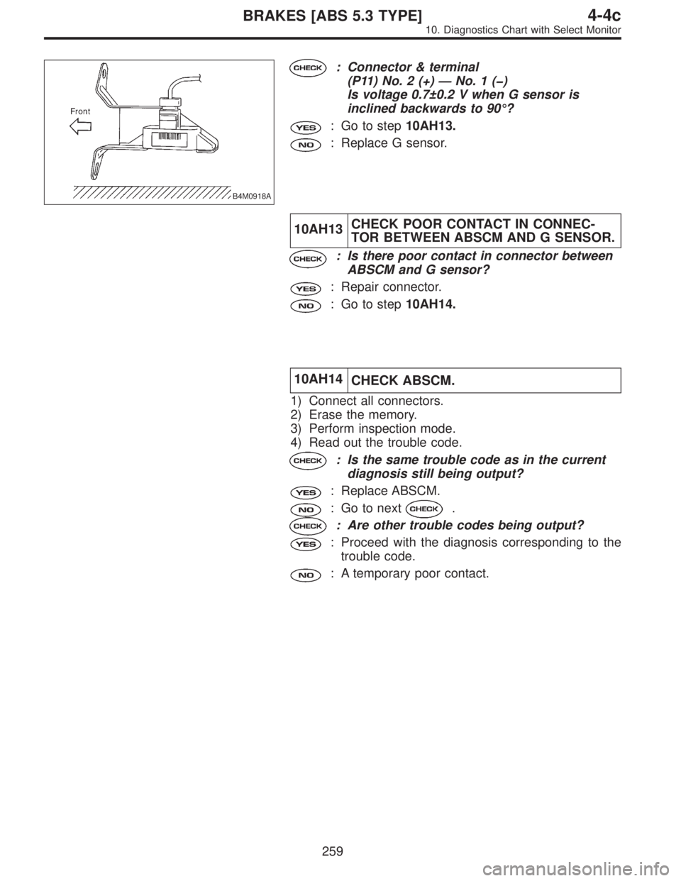 SUBARU LEGACY 1996  Service Repair Manual B4M0918A
: Connector & terminal
(P11) No. 2 (+)—No.1(�)
Is voltage 0.7±0.2 V when G sensor is
inclined backwards to 90°?
: Go to step10AH13.
: Replace G sensor.
10AH13CHECK POOR CONTACT IN CONNEC-