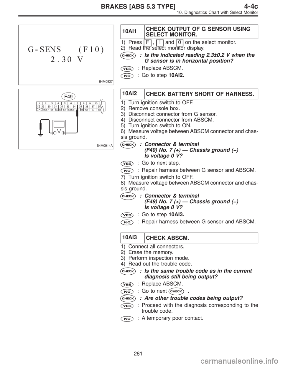 SUBARU LEGACY 1996 Service Repair Manual B4M0927
10AI1CHECK OUTPUT OF G SENSOR USING
SELECT MONITOR.
1) Press F,1and 0on the select monitor.
2) Read the select monitor display.
: Is the indicated reading 2.3±0.2 V when the
G sensor is in ho SUBARU LEGACY 1996 Service Repair Manual B4M0927
10AI1CHECK OUTPUT OF G SENSOR USING
SELECT MONITOR.
1) Press F,1and 0on the select monitor.
2) Read the select monitor display.
: Is the indicated reading 2.3±0.2 V when the
G sensor is in ho