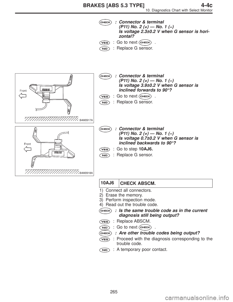 SUBARU LEGACY 1996  Service Repair Manual : Connector & terminal
(P11) No. 2 (+)—No.1(�)
Is voltage 2.3±0.2 V when G sensor is hori-
zontal?
: Go to next.
: Replace G sensor.
B4M0917A
: Connector & terminal
(P11) No. 2 (+)—No.1(�)
Is vol