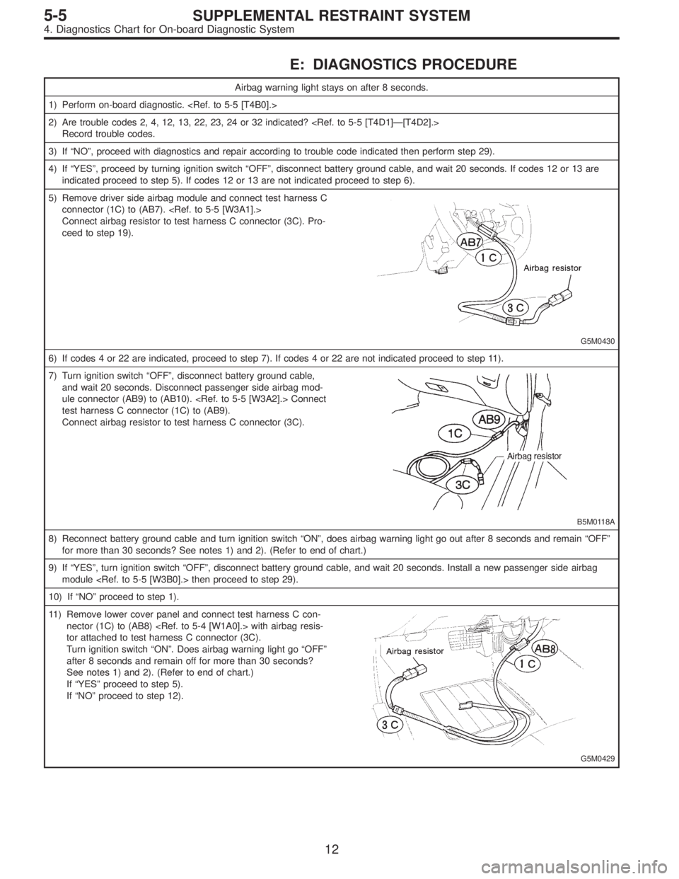 SUBARU LEGACY 1996  Service Repair Manual E: DIAGNOSTICS PROCEDURE
Airbag warning light stays on after 8 seconds.
1) Perform on-board diagnostic. <Ref. to 5-5 [T4B0].>
2) Are trouble codes 2, 4, 12, 13, 22, 23, 24 or 32 indicated? <Ref. to 5-