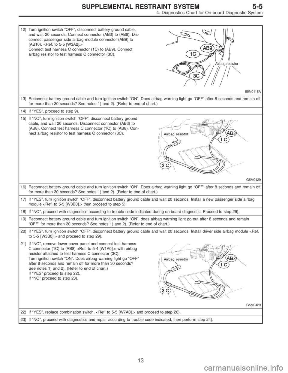 SUBARU LEGACY 1996 Service Repair Manual 12) Turn ignition switch“OFF”, disconnect battery ground cable,
and wait 20 seconds. Connect connector (AB3) to (AB8). Dis-
connect passenger side airbag module connector (AB9) to
(AB10). <Ref. to SUBARU LEGACY 1996 Service Repair Manual 12) Turn ignition switch“OFF”, disconnect battery ground cable,
and wait 20 seconds. Connect connector (AB3) to (AB8). Dis-
connect passenger side airbag module connector (AB9) to
(AB10). <Ref. to