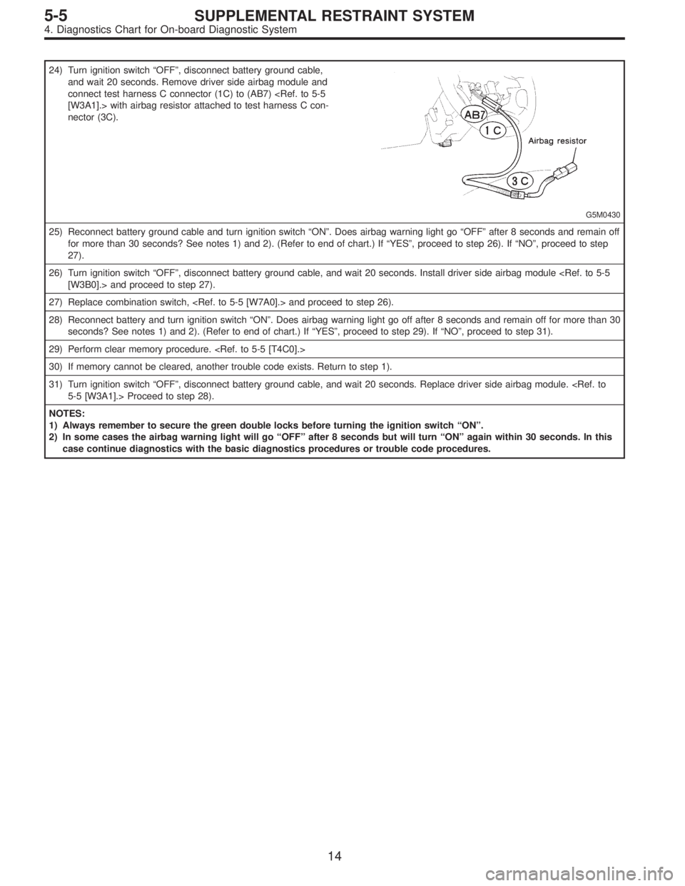 SUBARU LEGACY 1996  Service Repair Manual 24) Turn ignition switch“OFF”, disconnect battery ground cable,
and wait 20 seconds. Remove driver side airbag module and
connect test harness C connector (1C) to (AB7) <Ref. to 5-5
[W3A1].> with 