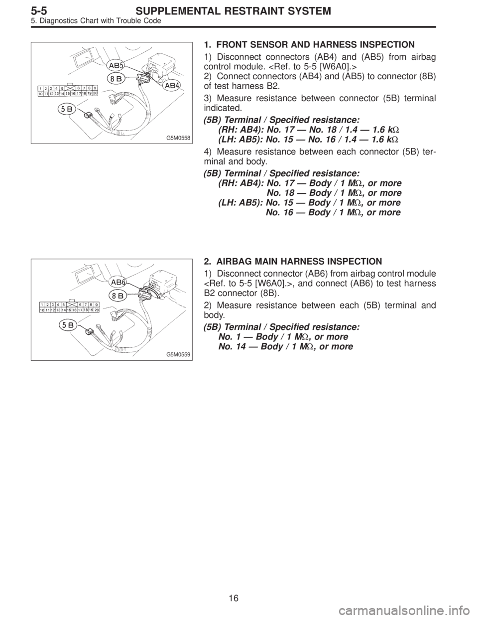 SUBARU LEGACY 1996  Service Repair Manual G5M0558
1. FRONT SENSOR AND HARNESS INSPECTION
1) Disconnect connectors (AB4) and (AB5) from airbag
control module. <Ref. to 5-5 [W6A0].>
2) Connect connectors (AB4) and (AB5) to connector (8B)
of tes