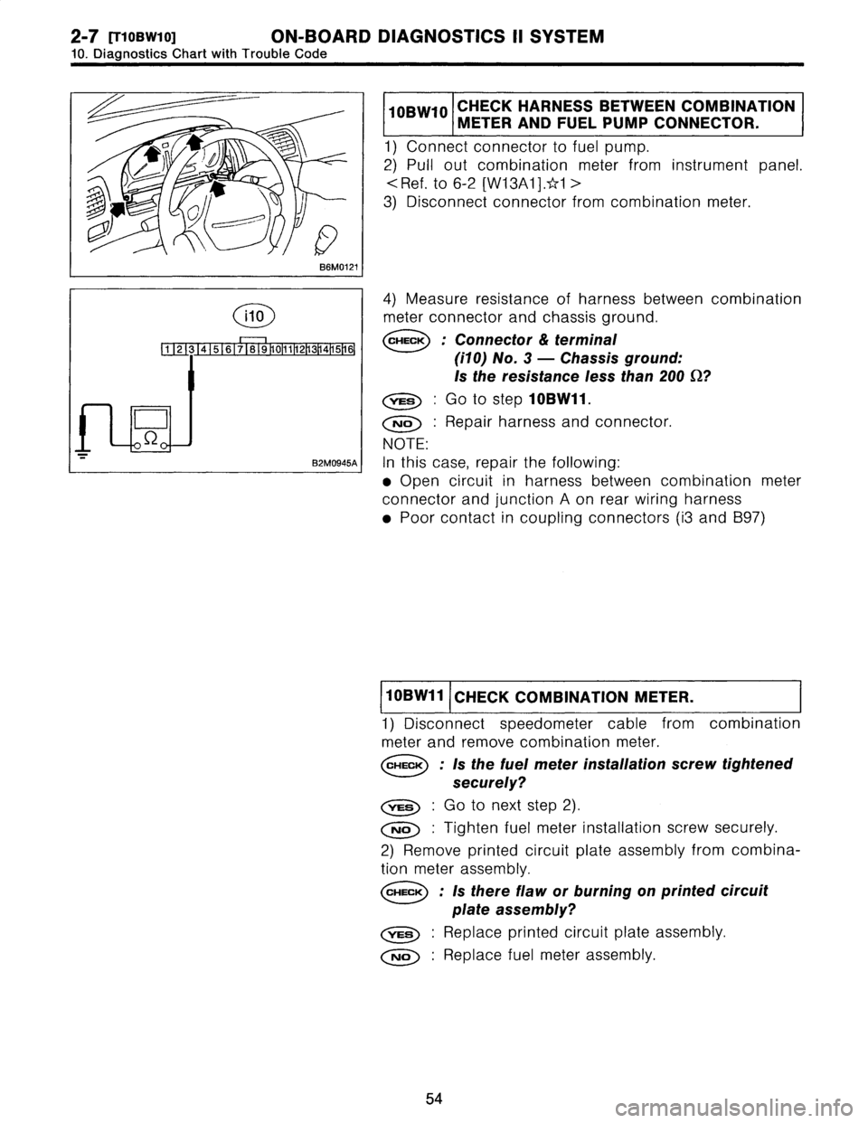 SUBARU LEGACY 1996  Service Repair Manual 2-7
frioBwio]
ON-BOARD
DIAGNOSTICS
II
SYSTEM

10
.
Diagnostics
Chart
with
Trouble
Code

10BW10
I
CHECK
HARNESSBETWEEN
COMBINATION

METER
AND
FUEL
PUMP
CONNECTOR
.

1)
Connect
connector
tofuel
pump
.

